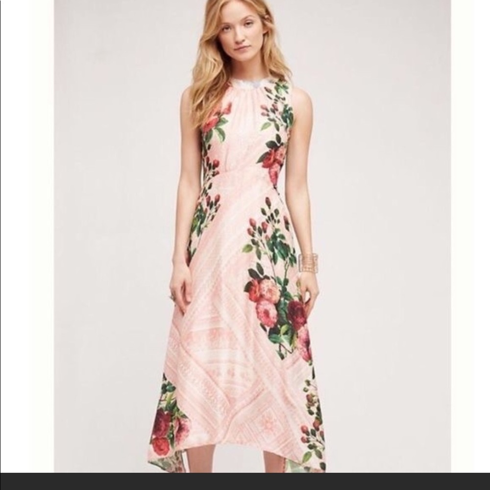 Anthropologie Pink Floral Midi Dress